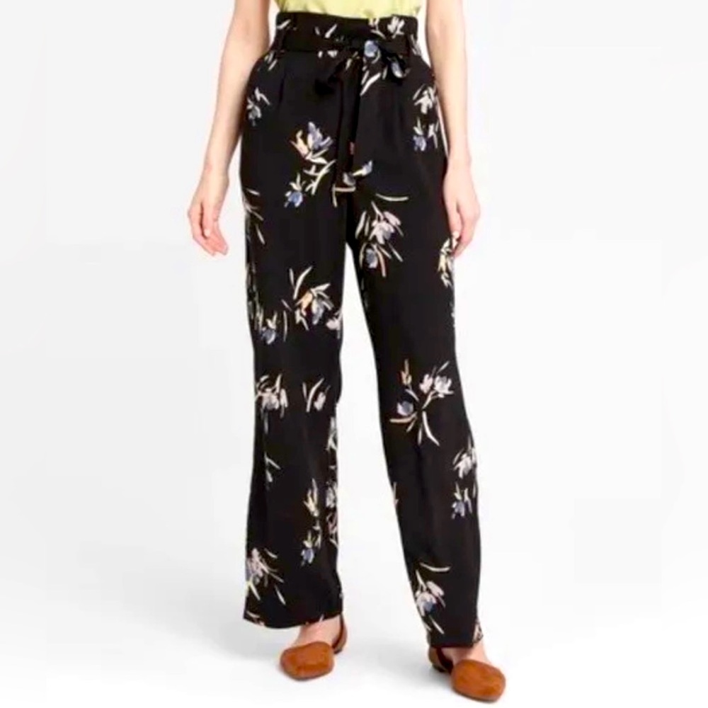 A New Day Paper Bag Waist Wide Leg Floral Print Pant Womens Sz L - Black